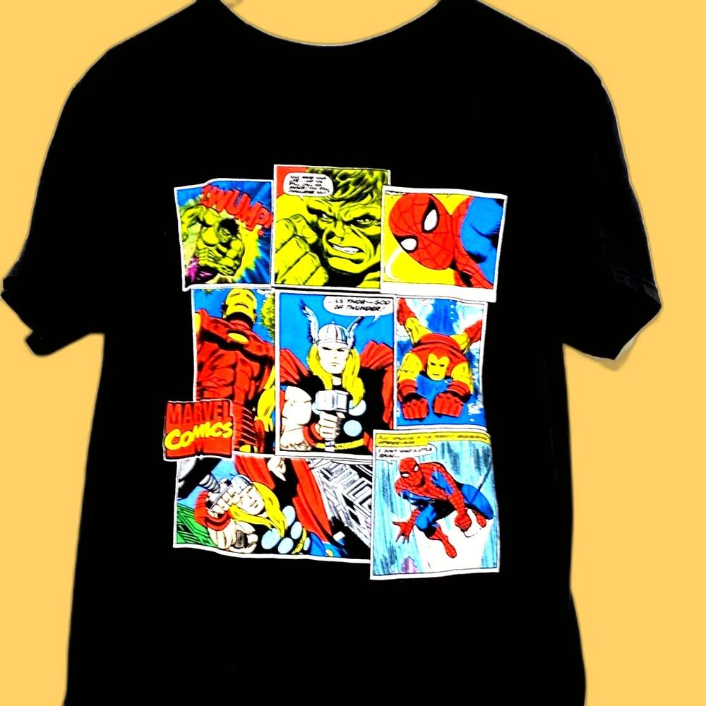 Marvel Comic Strip Graphic Shirt Large Hulk Spiderman Ironman Thor
